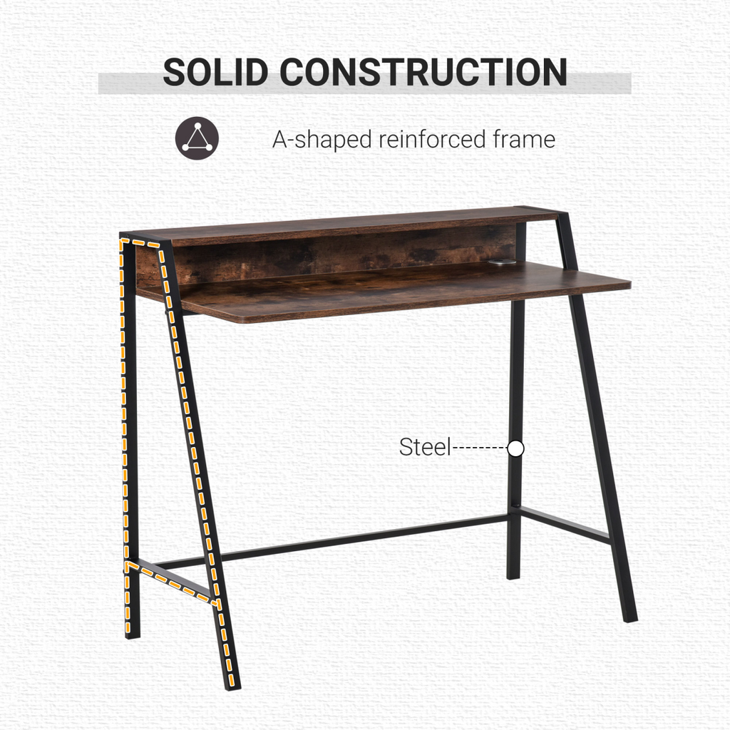 Rustic Brown Writing Desk - Minimalist Computer Workstation with Storage Shelf