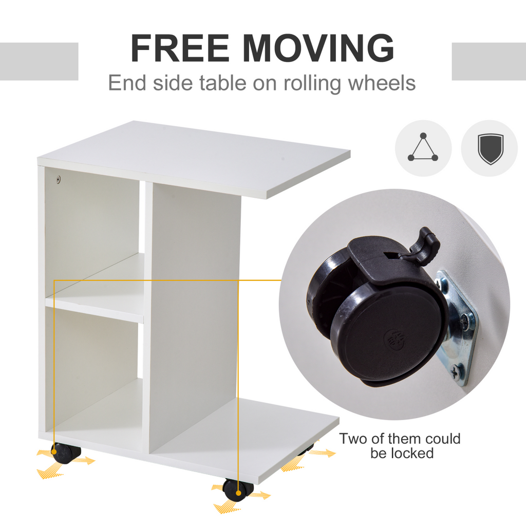 C-Shape End Table Storage Unit w/ 2 Shelves 4 Wheels Home  Office White