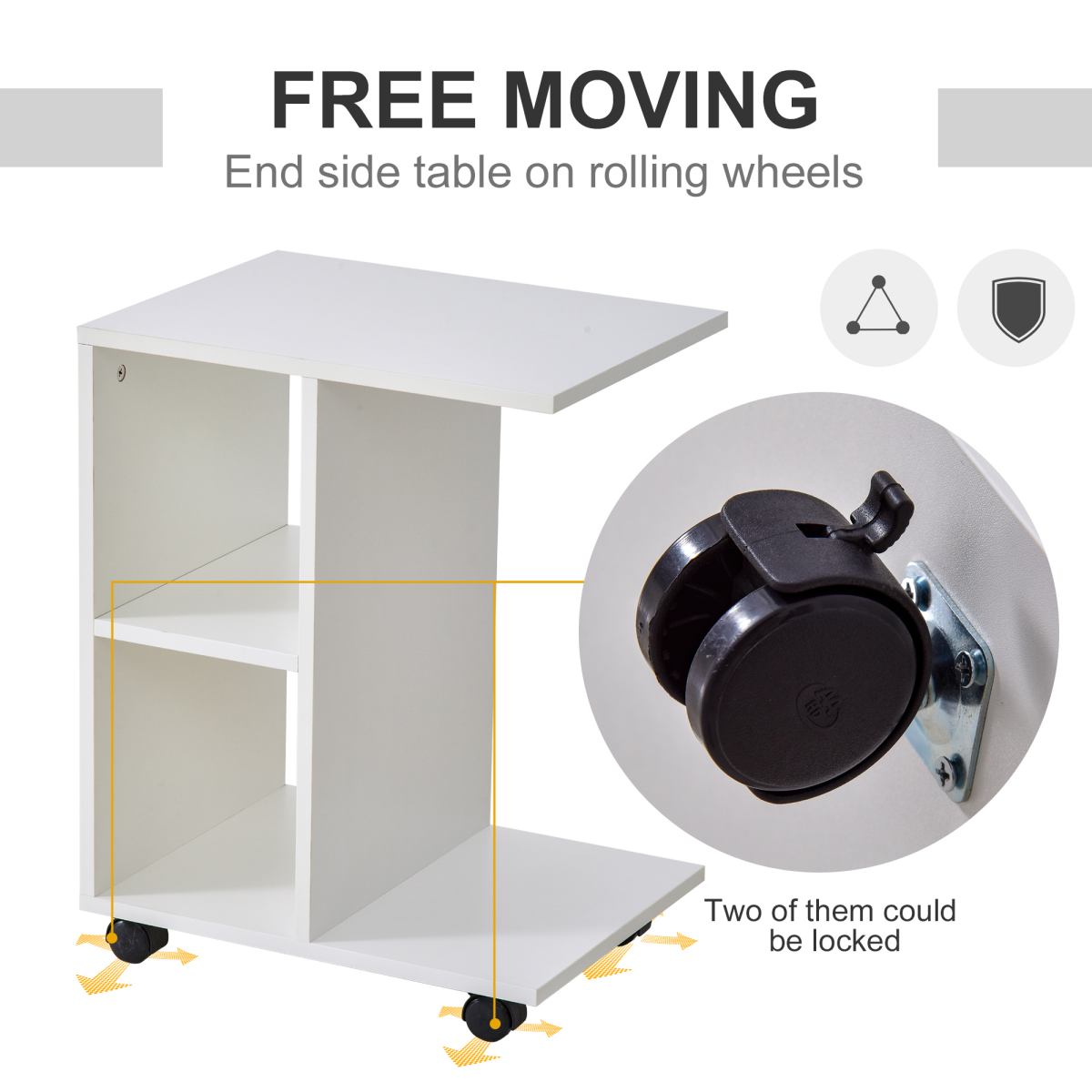 C-Shape End Table Storage Unit w/ 2 Shelves 4 Wheels Home  Office White