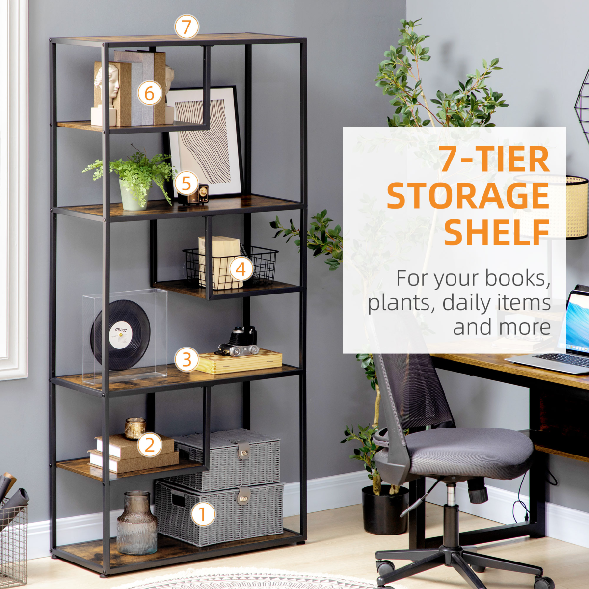 HOMCOM Industrial 7-Tier Storage Shelf - Stylish Free-Standing Bookcase