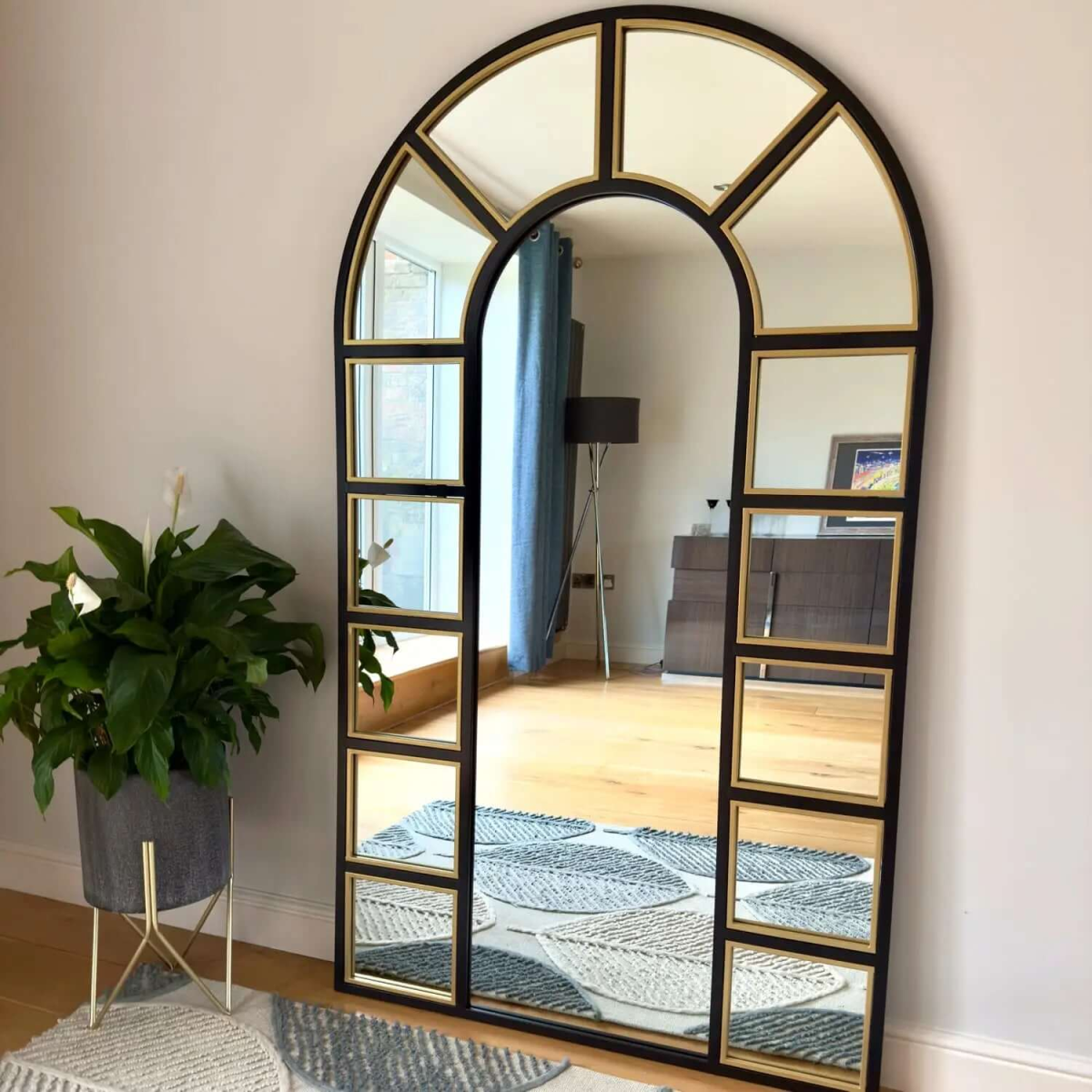 Mio Black & Gold Arched Window Mirror - Luxurious Statement Piece, 180cm x 105cm