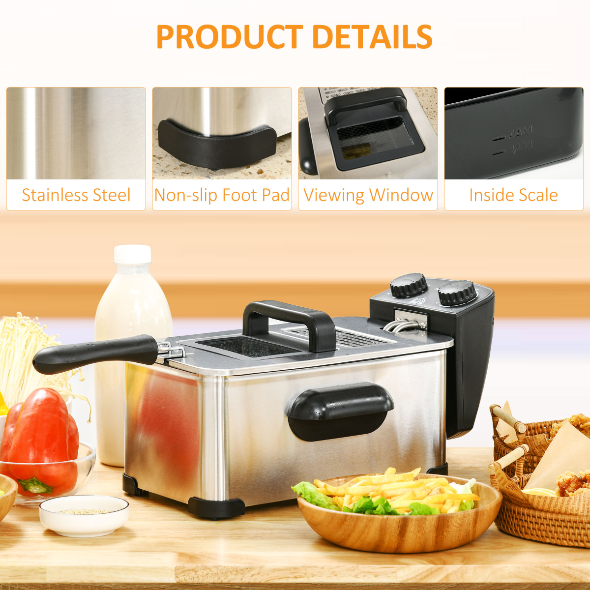HOMCOM 3 Litre Deep Fat Fryer with Adjustable Temperature, 60min Timer, 2000W