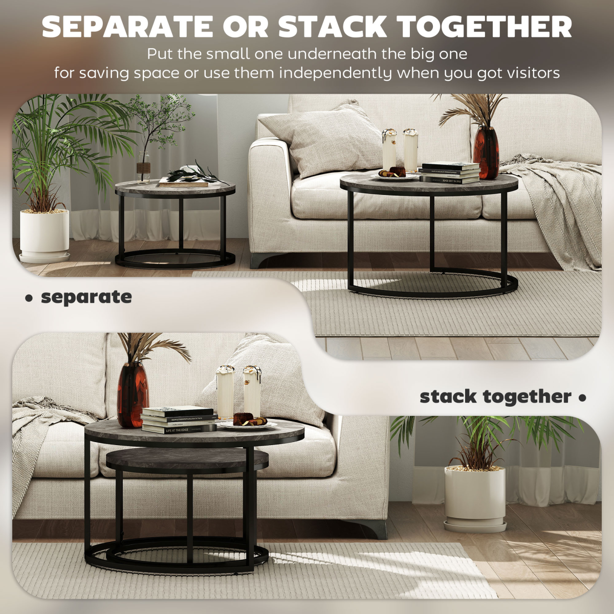 HOMCOM 2 Pcs Stacking Coffee Table Set Steel Frame Marble-Effect Top Foot Pads