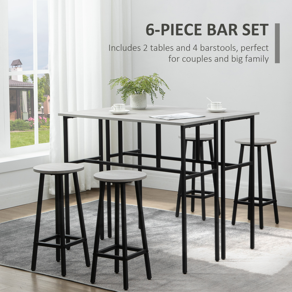 6-Piece Bar Table Set, 2 Breakfast Tables with 4 Stools,Grey