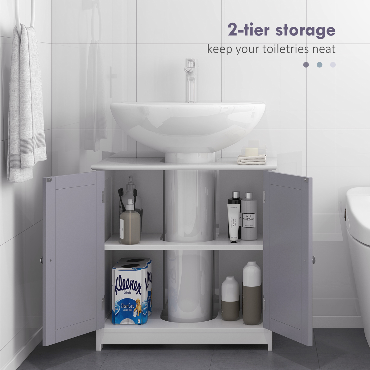 kleankin 60x60cm Under-Sink Storage Cabinet w/ Adjustable Shelf Grey White
