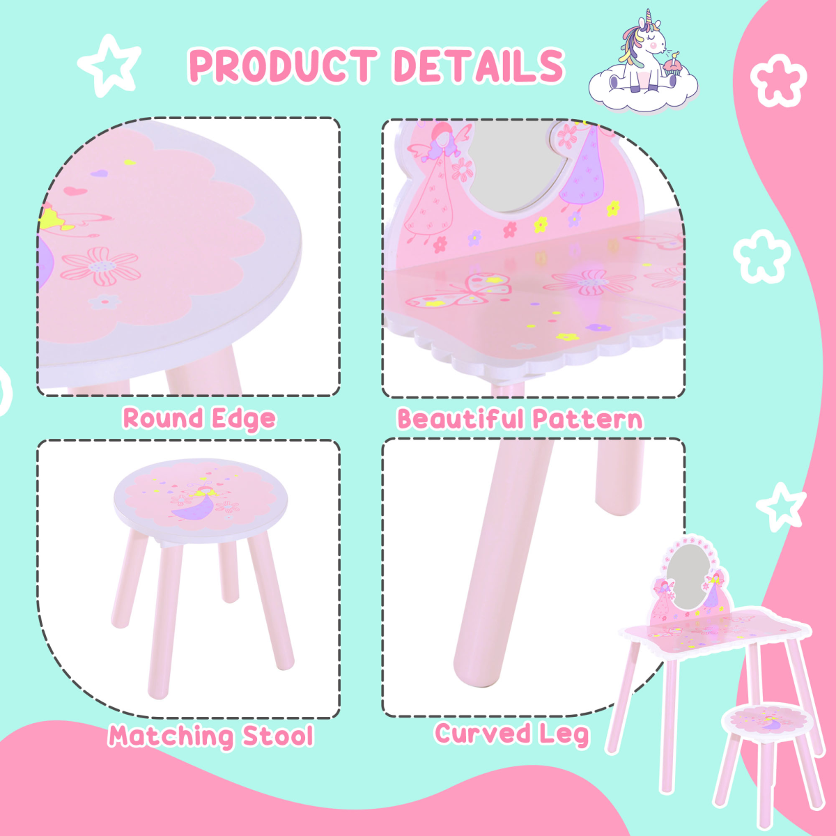 Girls Kids Pink Dressing Table Make Up Play Set Desk Chair Mirror HOMCOM