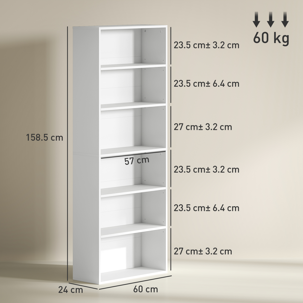 6-Tier Bookshelf, Freestanding Bookcase with Adjustable Shelves, White
