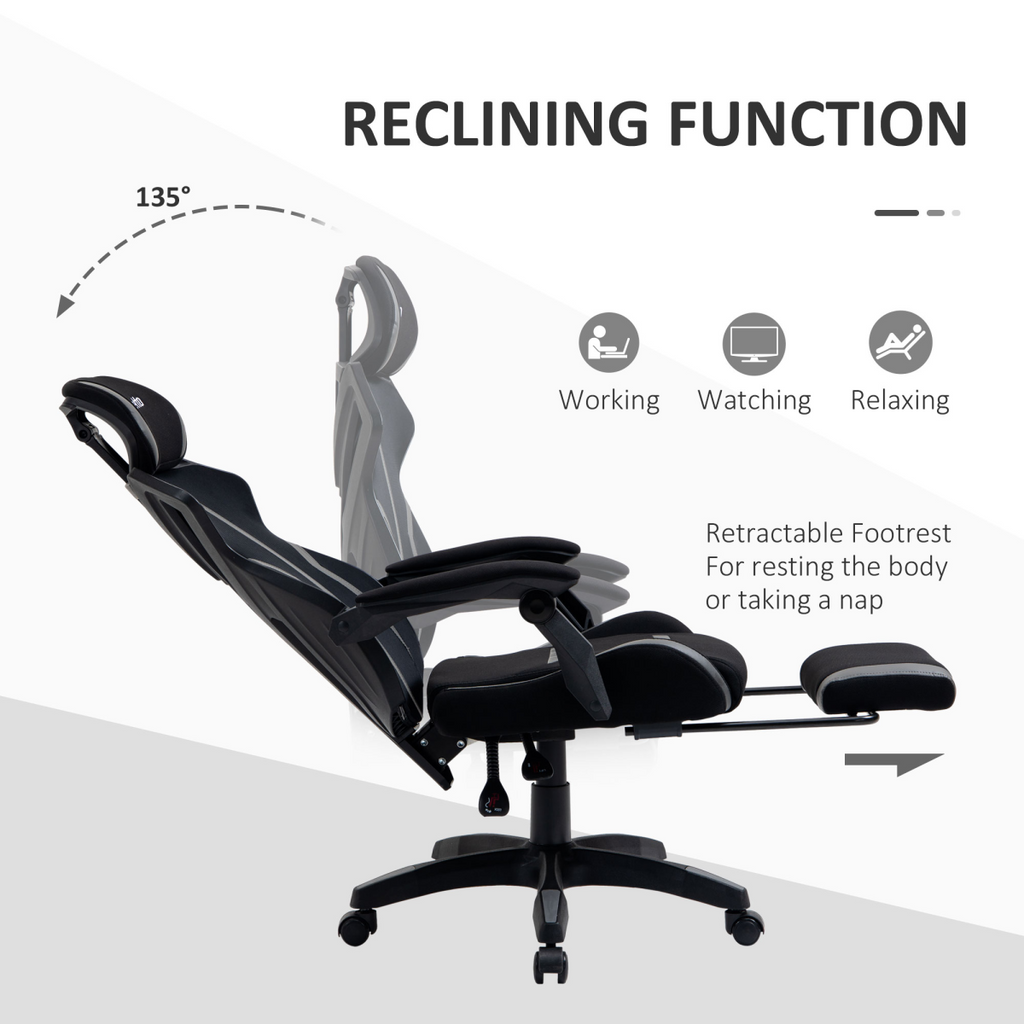 Mesh Task Swivel Chair Office Desk Recliner w/ Lumbar Support, Grey Vinsetto