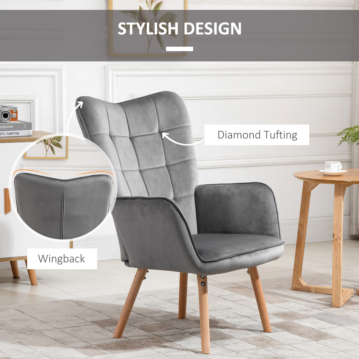 HOMCOM Modern Accent Chair Velvet-Touch Tufted Wingback Armchair Grey