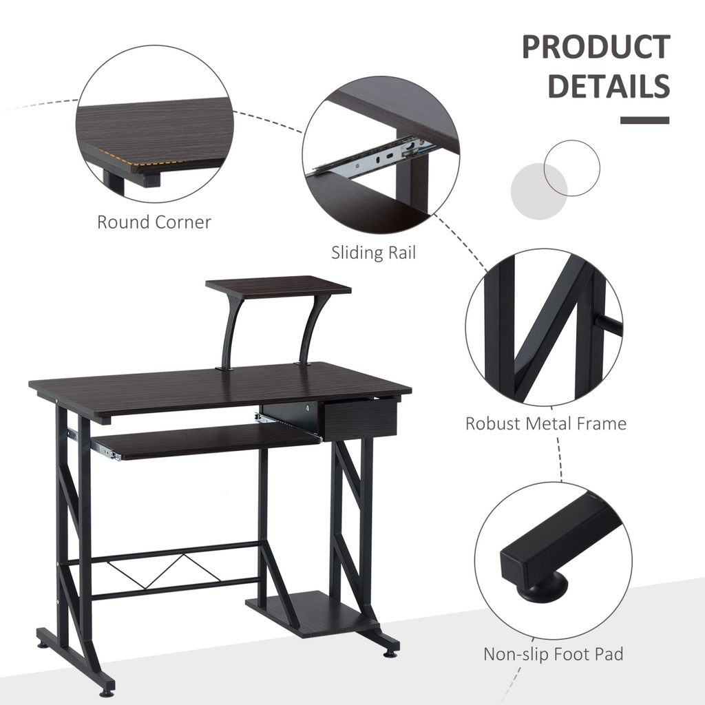 Compact Modern Home Office Desk with Sliding Tray & Movable Shelf - Dark Brown