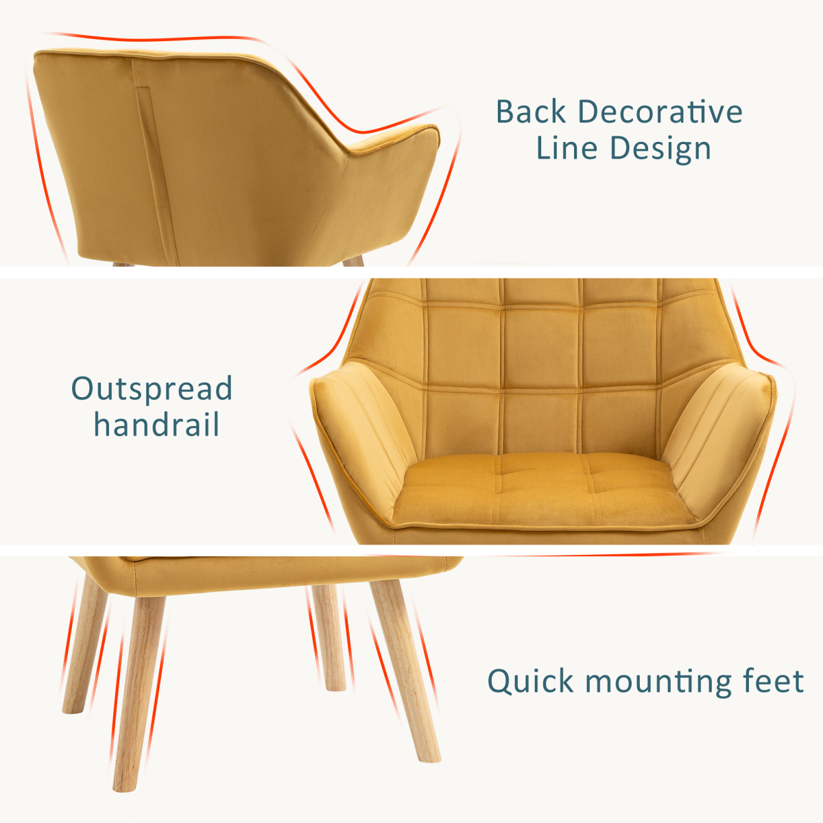 Luxe Velvet-Feel Accent Chair w/ Wide Arms Slanted Back Padding Wood Legs Yellow