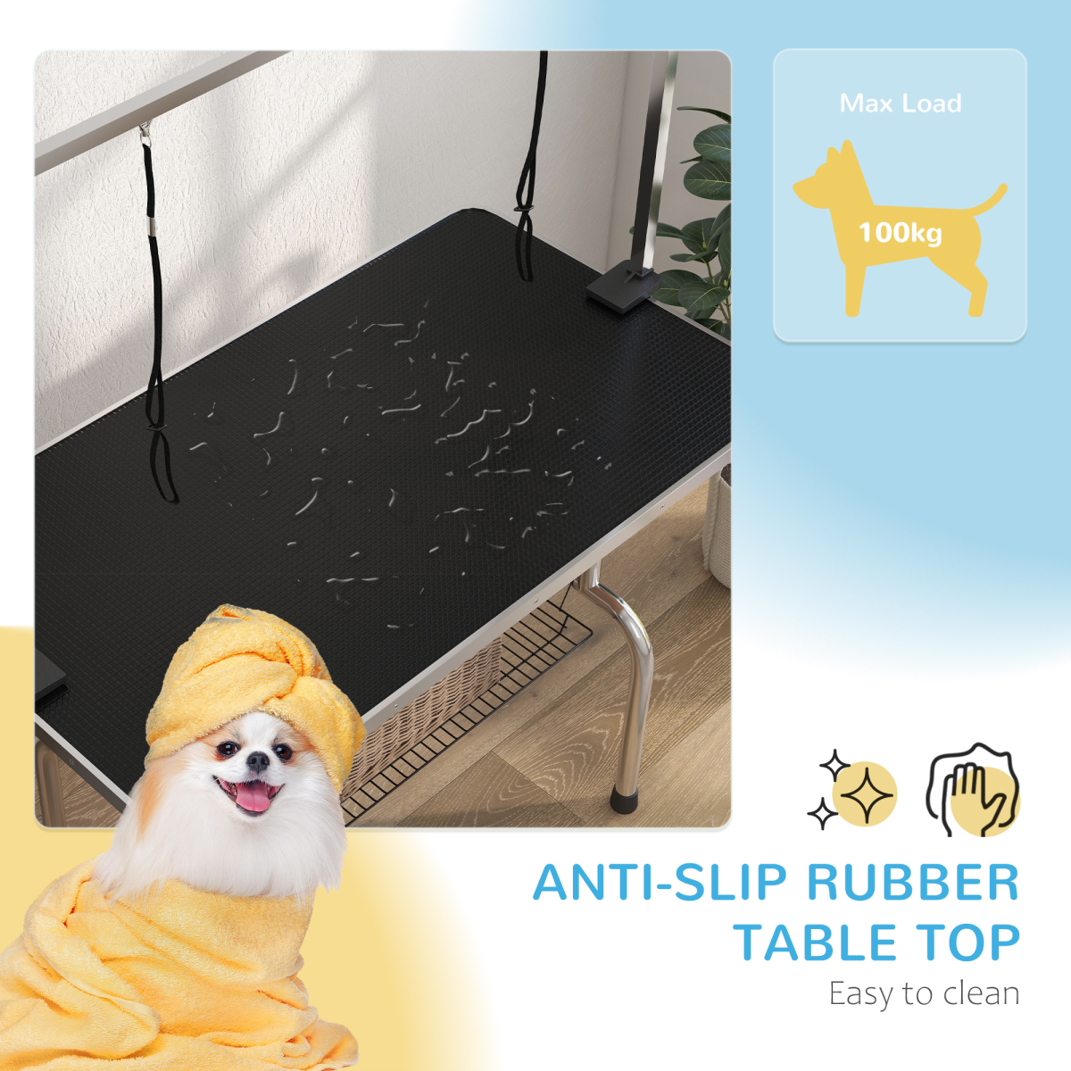 Dog Grooming Table Metal Adjustable Rubber Top 2 Safety Slings Mesh Black