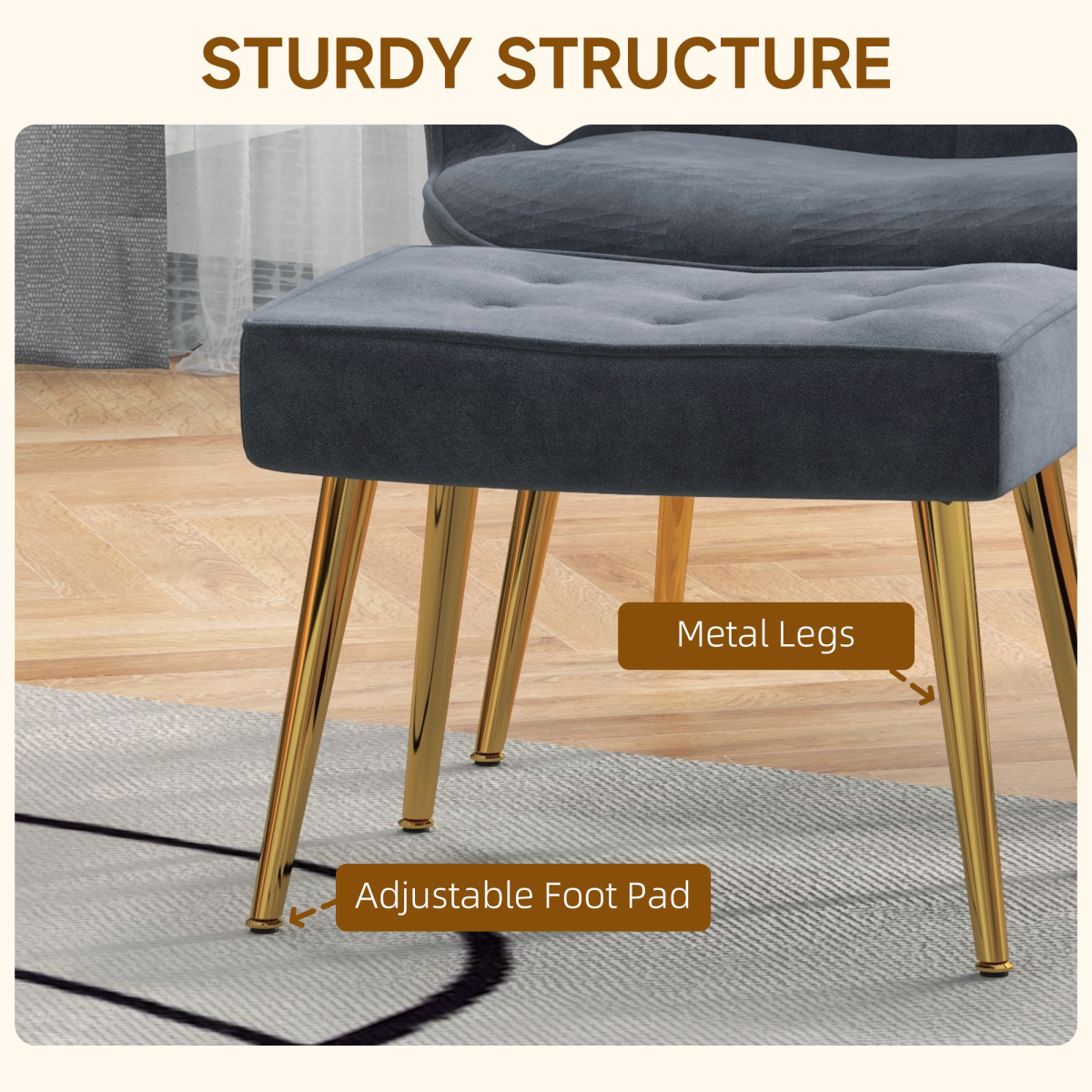 HOMCOM Button Tufted Armchair with Footstool and Gold Tone Steel Legs Dark Grey