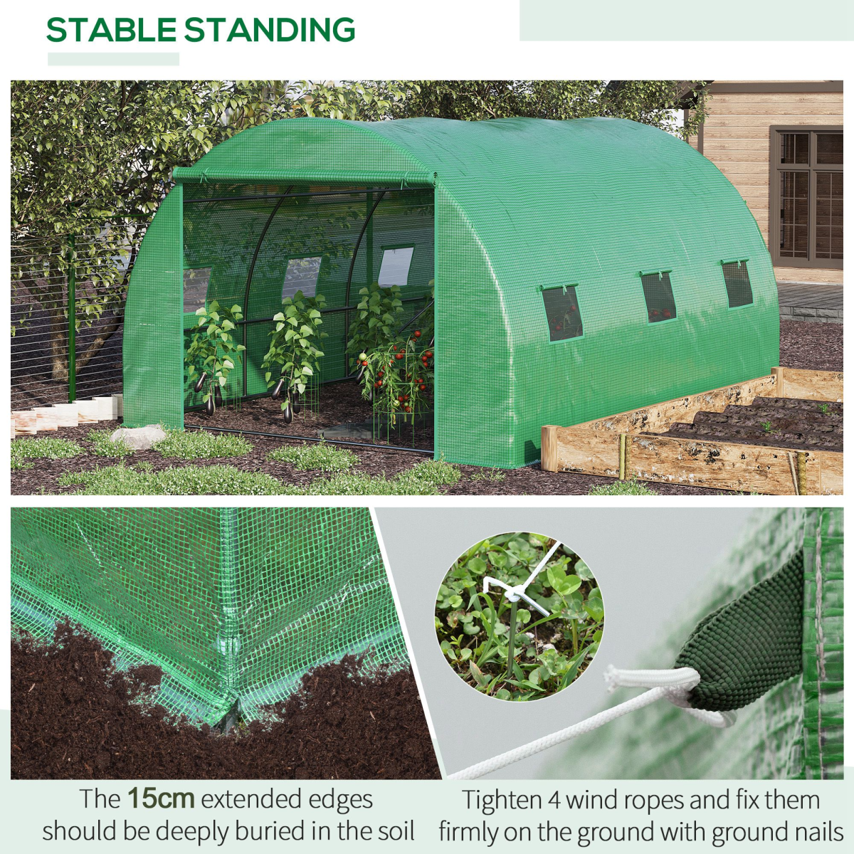 4x3x2m Tunnel Greenhouse Walk-In Hot House Roll Up Door & 6 Windows-Green
