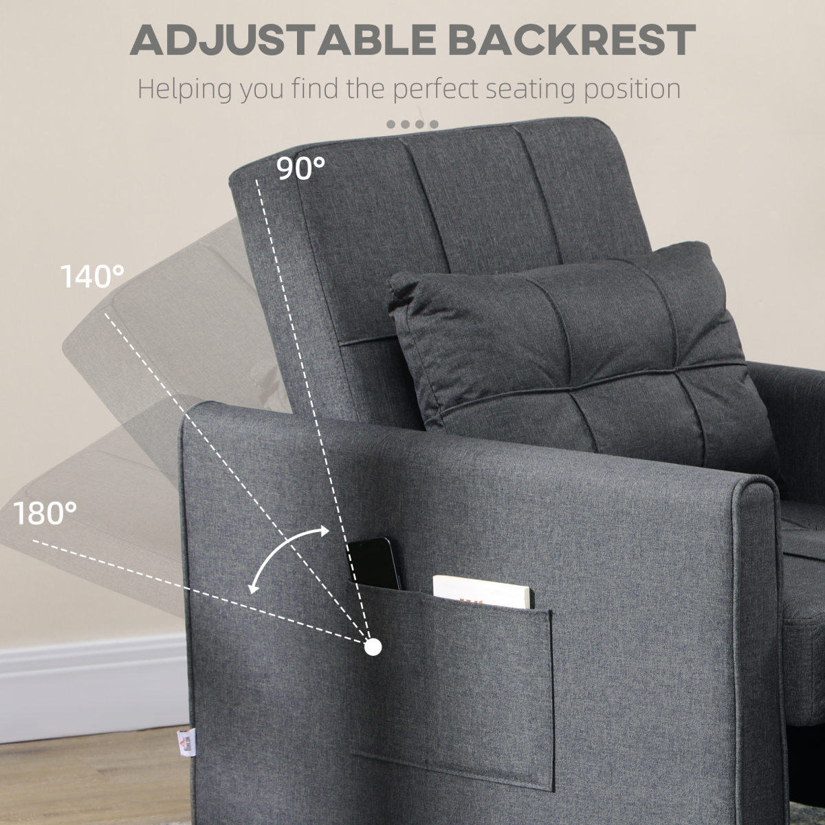 HOMCOM Pull Out Chair Bed, Sleeper Chair with Pillow, Side Pockets, Grey