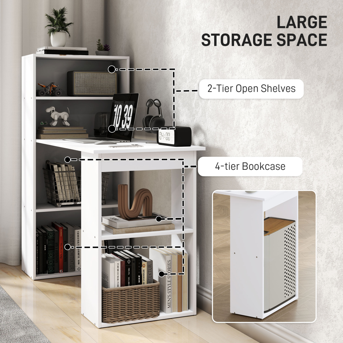 Modern White Computer Desk & Bookshelf Combo – Sleek Workstation Solution