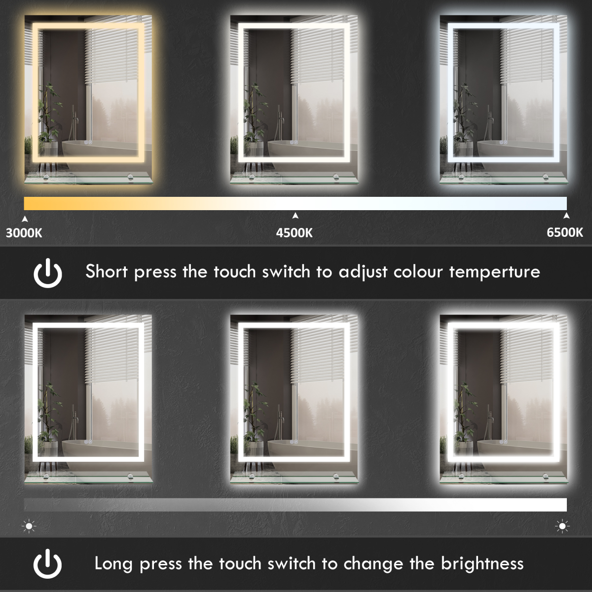 kleankin Dimmable Bathroom Mirror with LED Lights, 3 Colours, Defogging Film