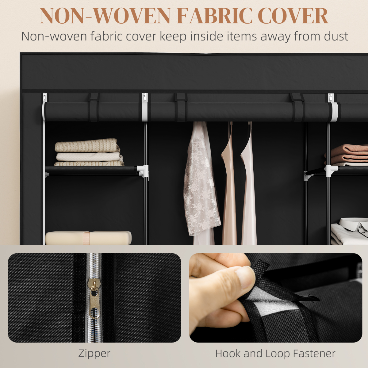 Fabric Wardrobe Portable Wardrobe with 10 Shelves 1 Hanging Rail Black