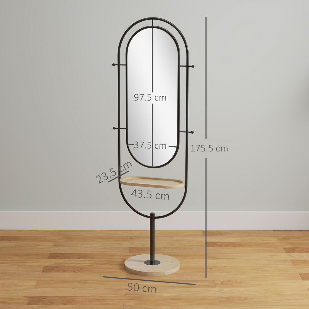 HOMCOM Full Length Mirror, Free Standing Mirror with Tray and Hooks, Black