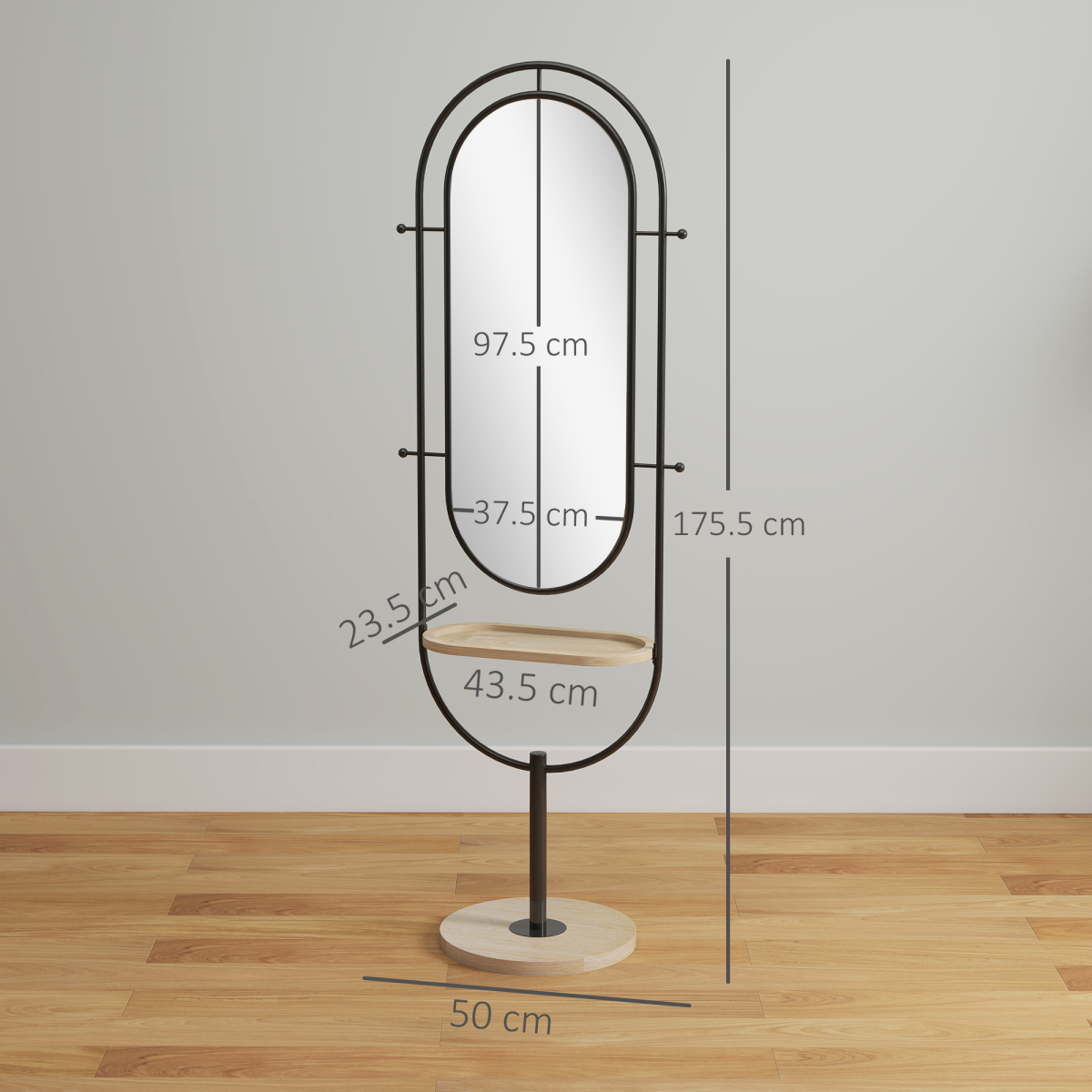 HOMCOM Full Length Mirror, Free Standing Mirror with Tray and Hooks, Black
