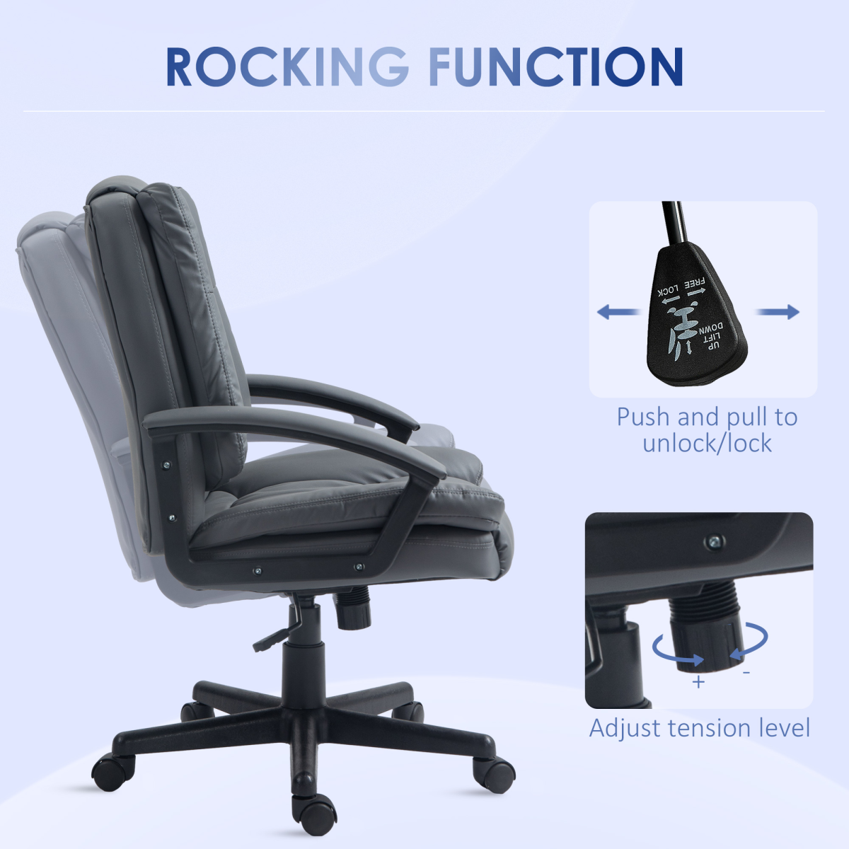 Stylish HOMCOM Dark Grey Faux Leather Mid Back Desk Chair with Adjustable Arms