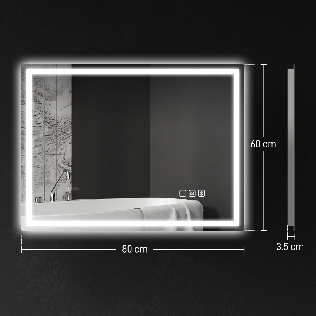 HOMCOM 600 x 800 mm Bathroom Mirror with Bluetooth Lights Demister Pad