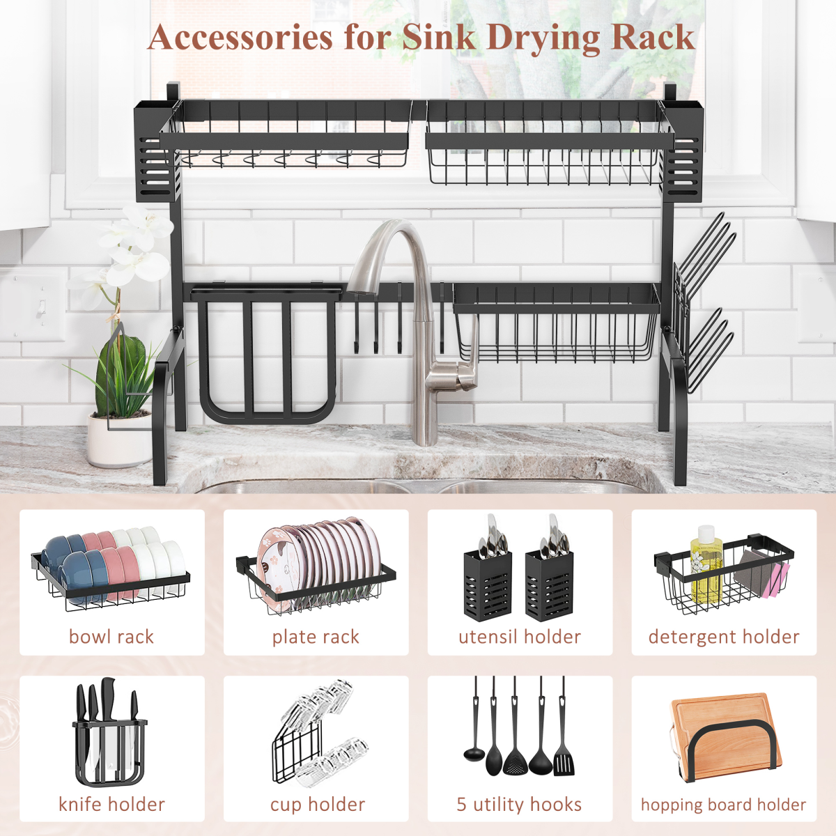 HOMCOM Over The Sink Dish Drainer Rack, 2 Tier Dish Rack for Kitchen, Black