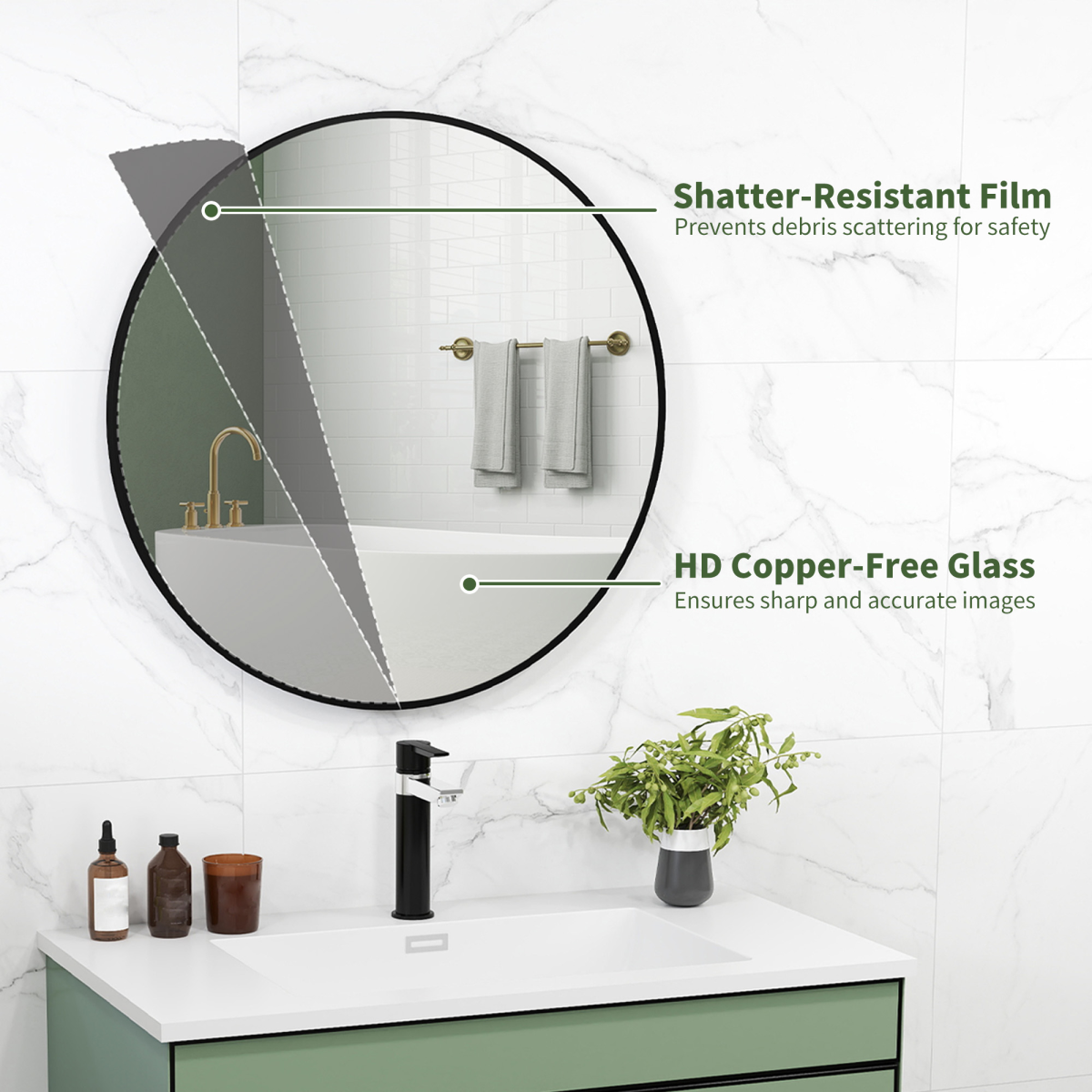 HOMCOM Round Bathroom Mirror, Modern Wall Mirror with Steel Frame, Black
