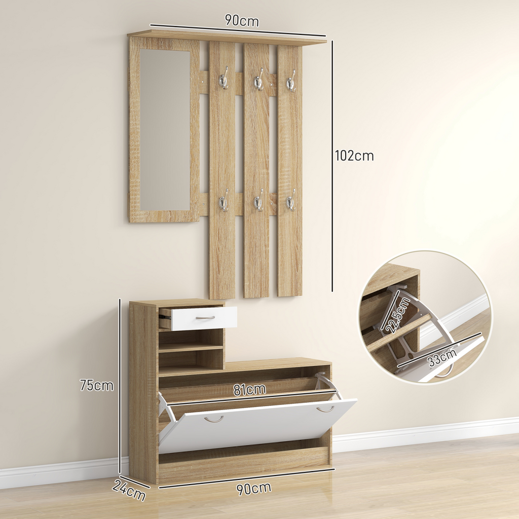 HOMCOM Hallway Furniture Set with Shoe Cabinet, Coat Rack and Mirror