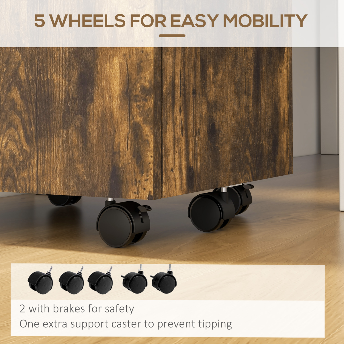 Vinsetto Rustic Mobile File Cabinet - Lockable, Wheeled & Stylish Storage Solution
