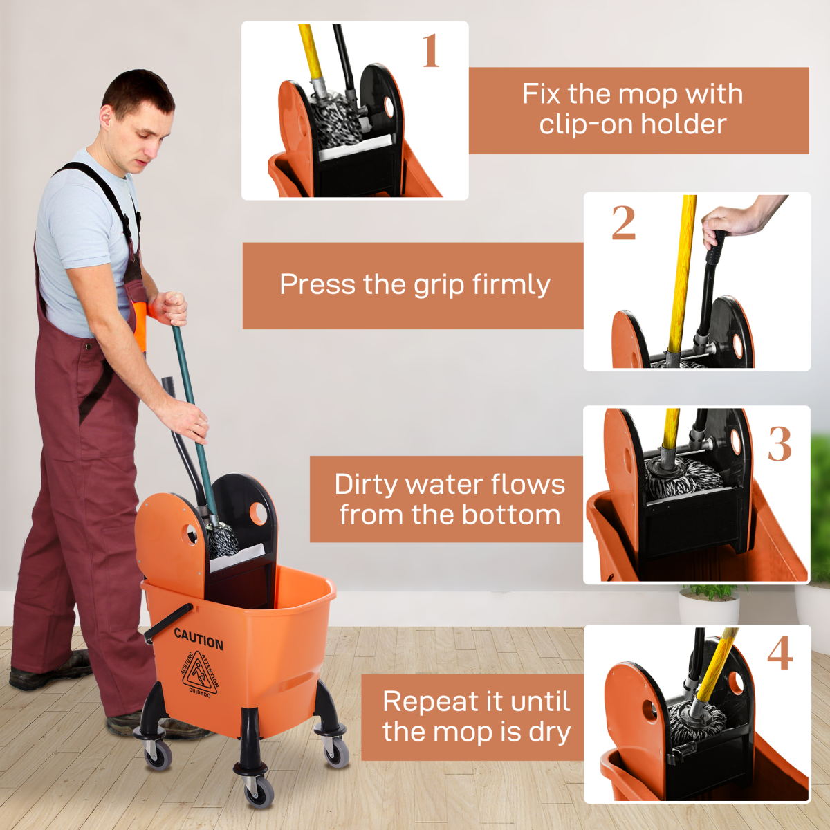 HOMCOM Mop Bucket on Wheels with Carry Handle, Mop Holder and Plastic Body