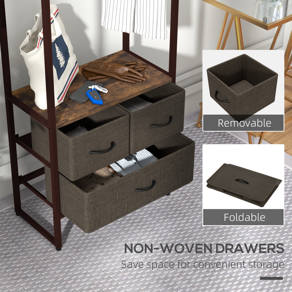 HOMCOM Clothes Hanging Rail with 3 Fabric Drawers Storage Shelves for Hallway