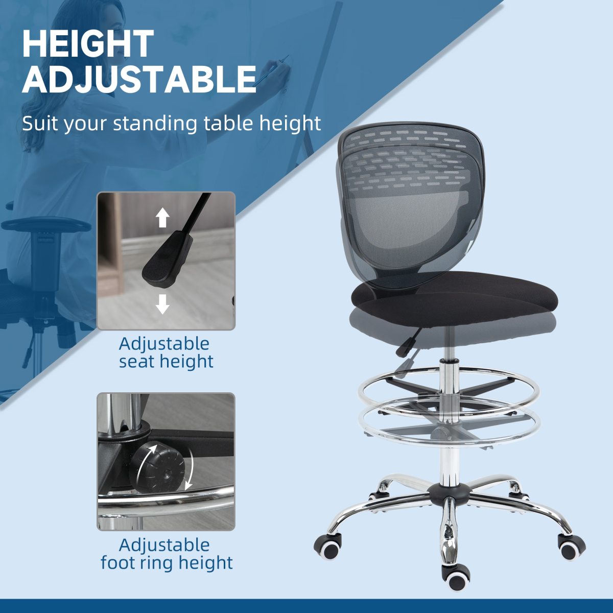 Vinsetto Adjustable Draughtsman Chair - Comfort & Support for Tall Offices