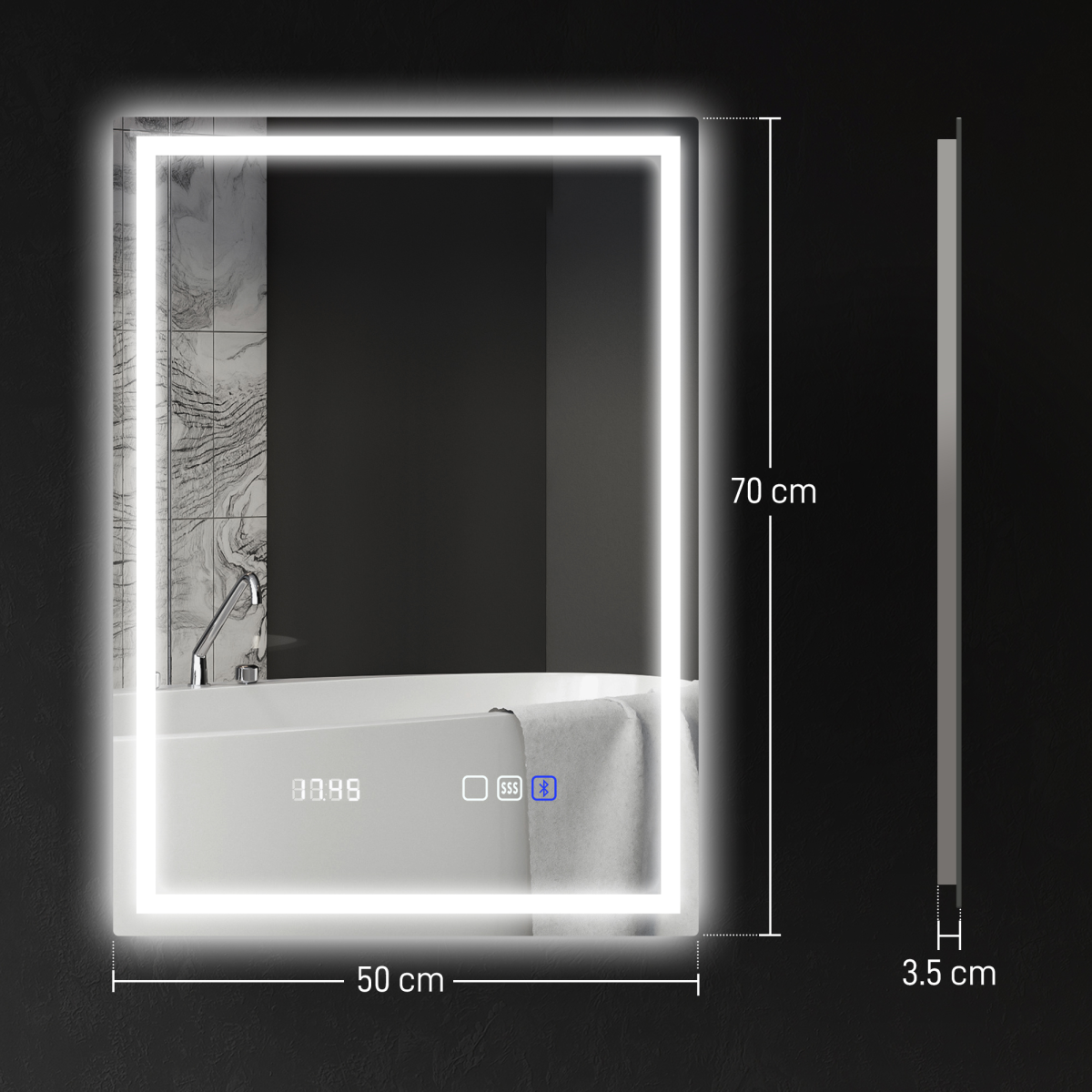 HOMCOM 500 x 700 mm Bathroom Mirror with Bluetooth Clock Lights Demister Pad