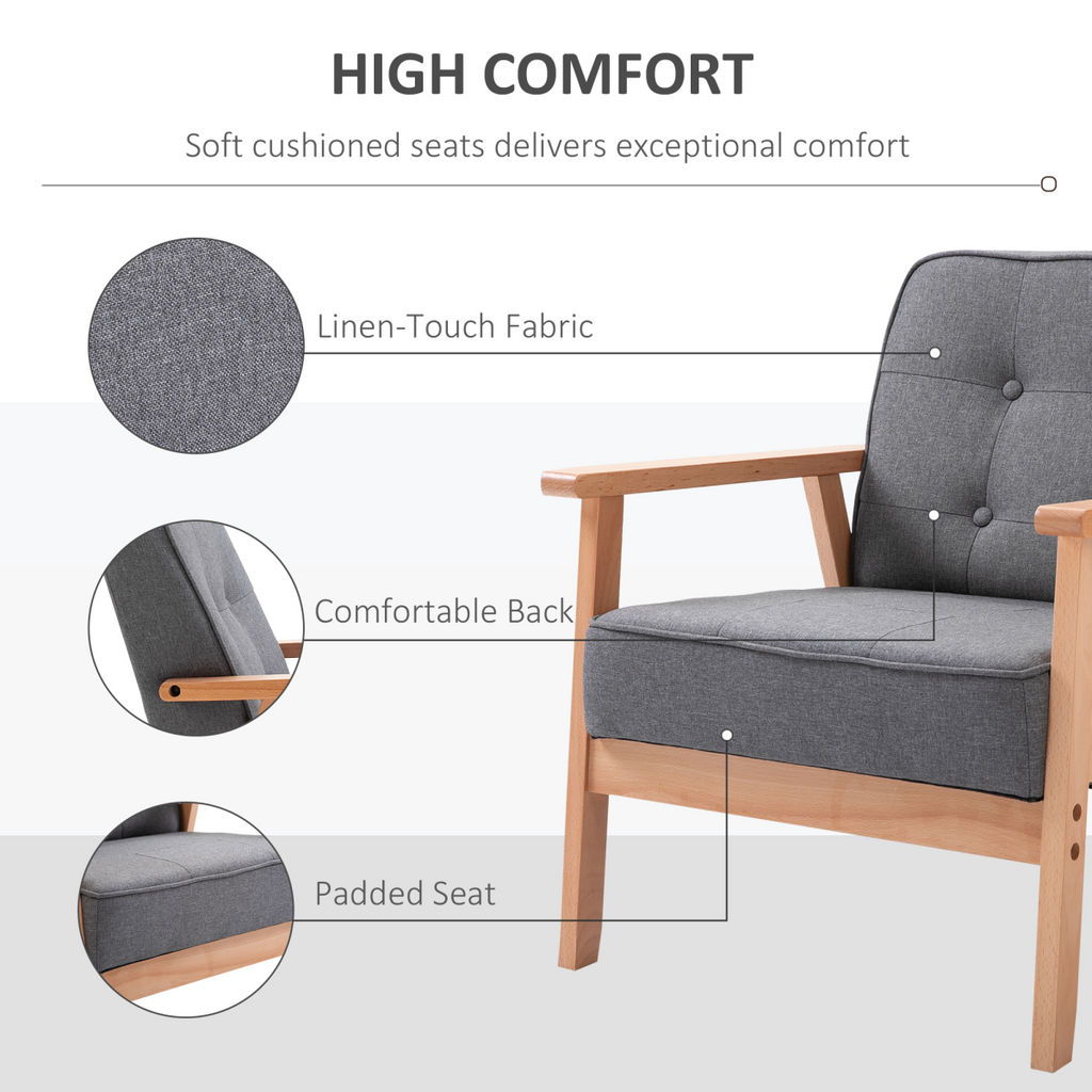 Retro Single Sofa Armchair Beech Wood Frame Padded Cushion Linen Fabric Grey