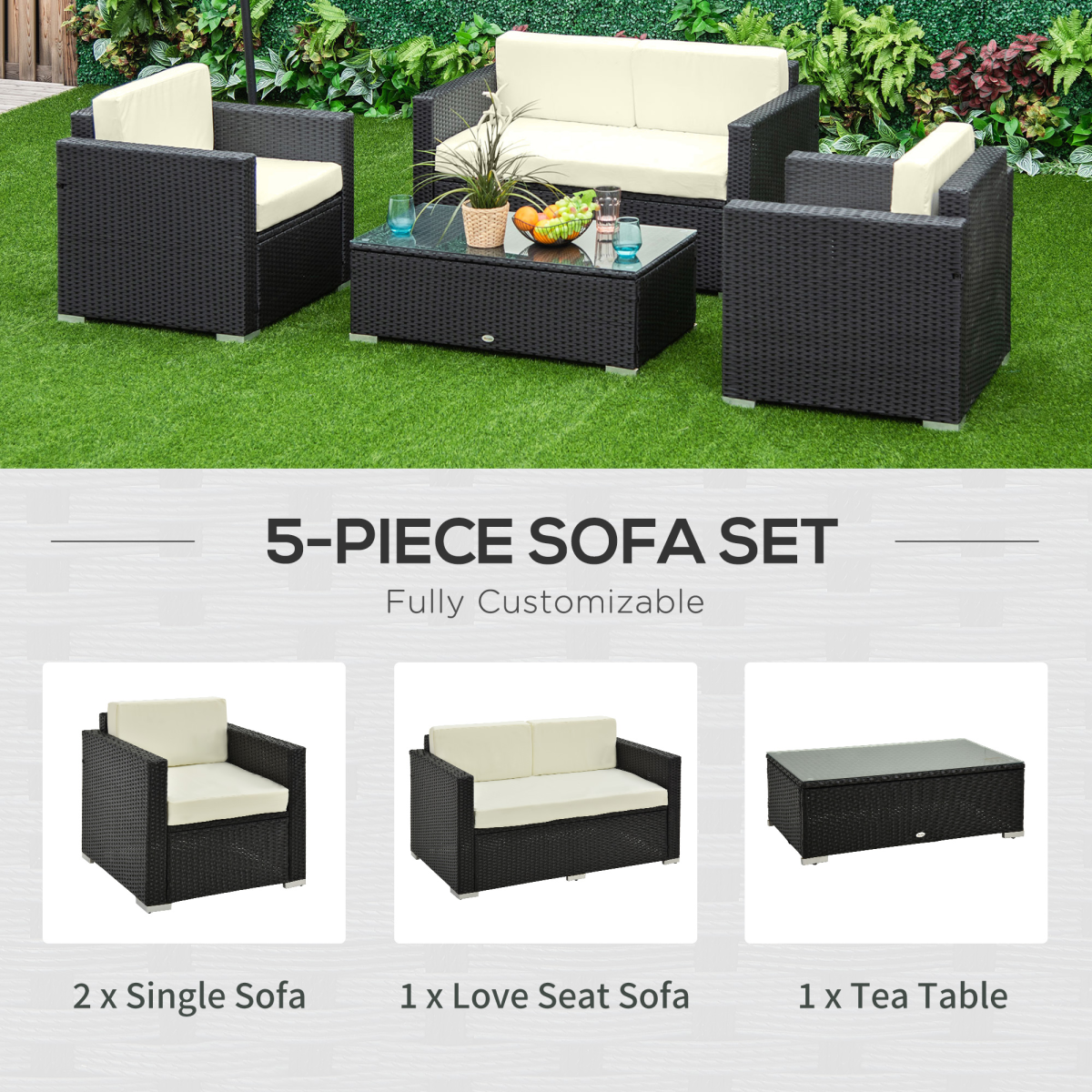 4 Pieces Rattan Sofa Set, Steel-Black