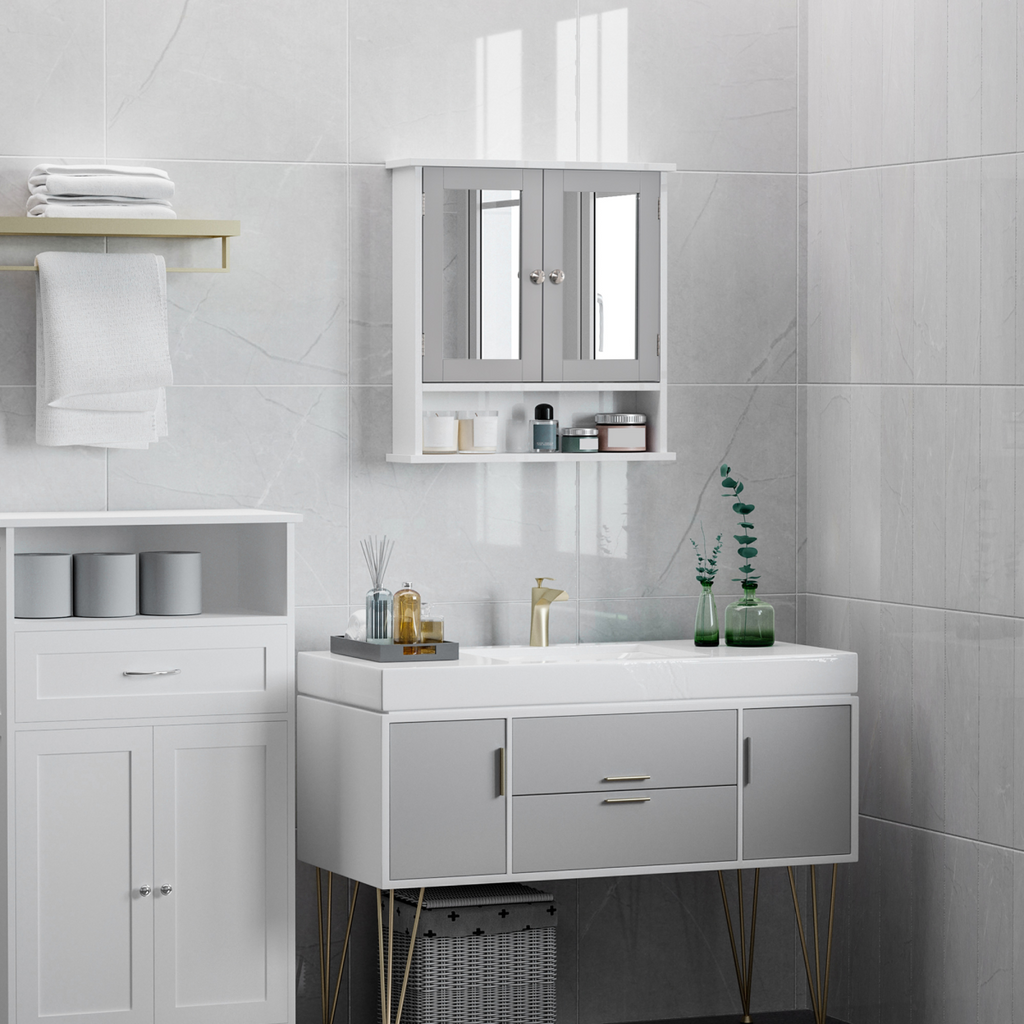 Mirror Cabinet Wall Mounted with Double Mirrored Doors, Hanging Cabinet, Grey
