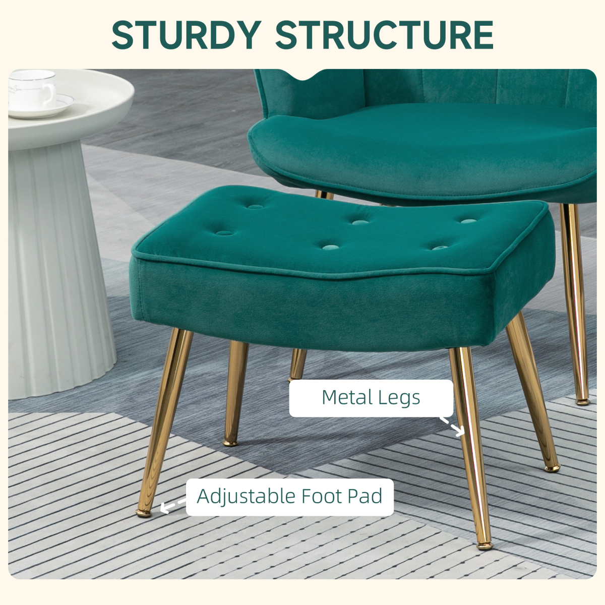 HOMCOM Button Tufted Armchair with Footstool and Gold Tone Steel Legs Dark Green