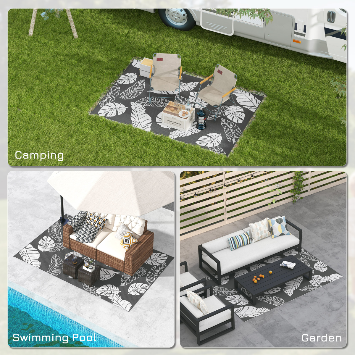 Outsunny Reversible Waterproof Outdoor Rug W/ Carry Bag, 182 x 274cm, Grey