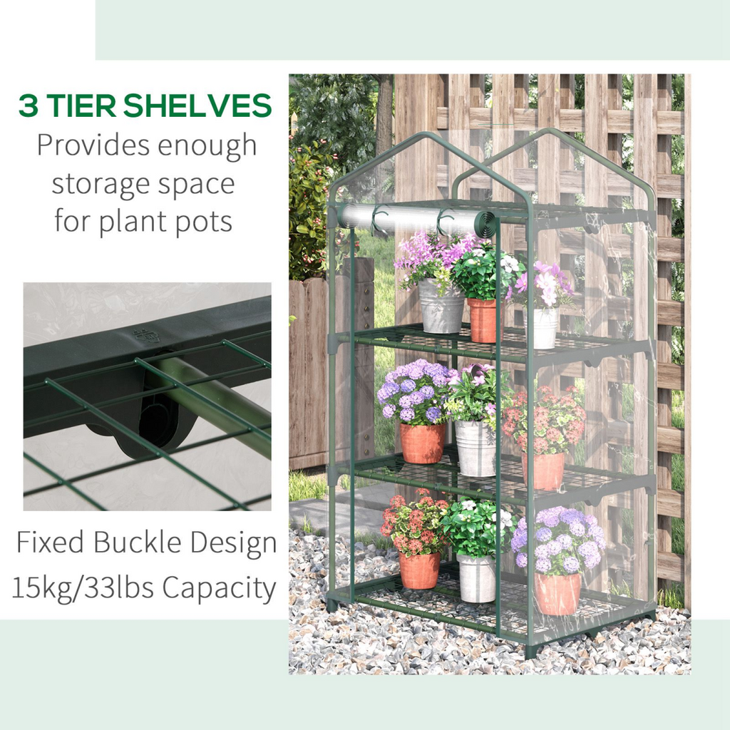 3 Tier Mini Greenhouse Roll Up Door Wire Shelves, 69x49x125cm, Clear