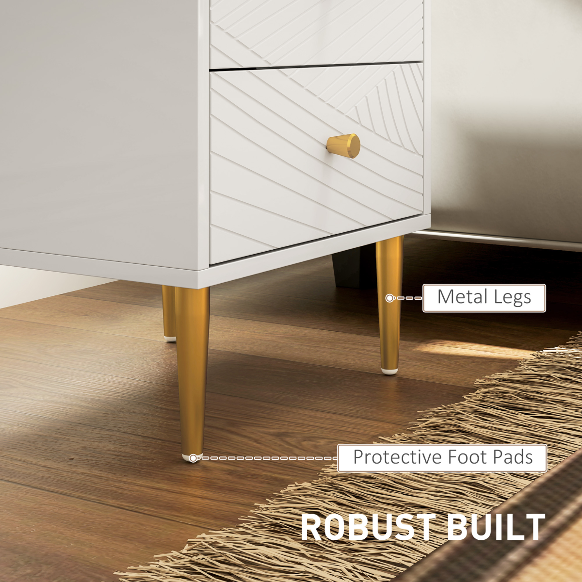 Elegant White Nightstand with Gold Handles & Storage Drawers