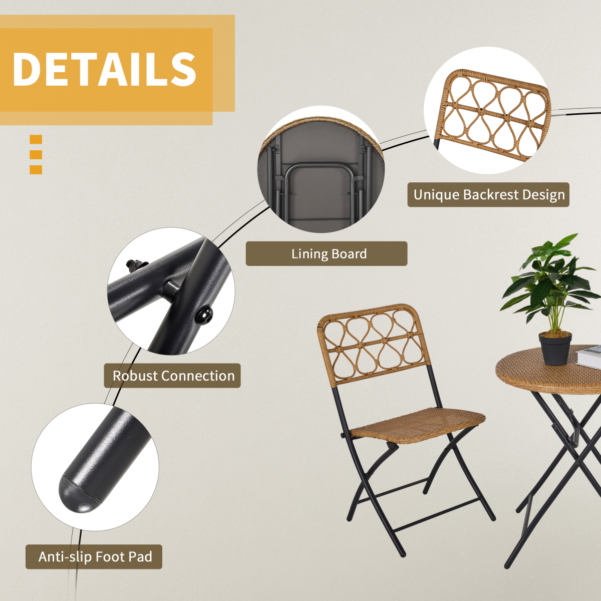 3 PCS Rattan Wicker Set Easy Folding, Hand Woven Rattan Coffee Table & Chairs