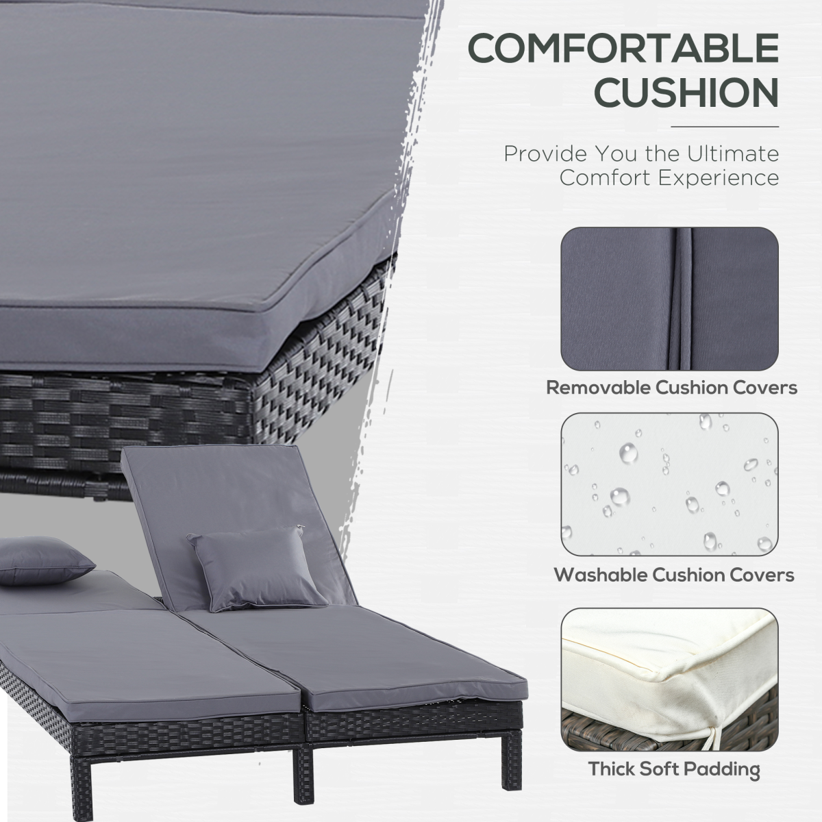 2 Seater Rattan Lounger  Adjustable  Cushions Black