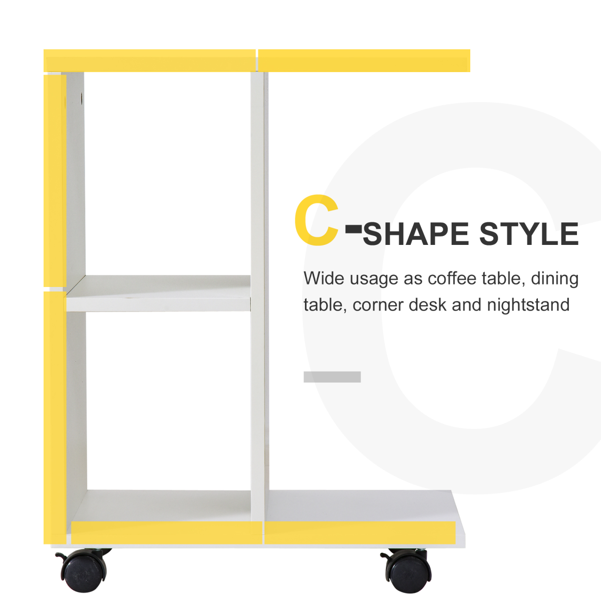 C-Shape End Table Storage Unit w/ 2 Shelves 4 Wheels Home  Office White