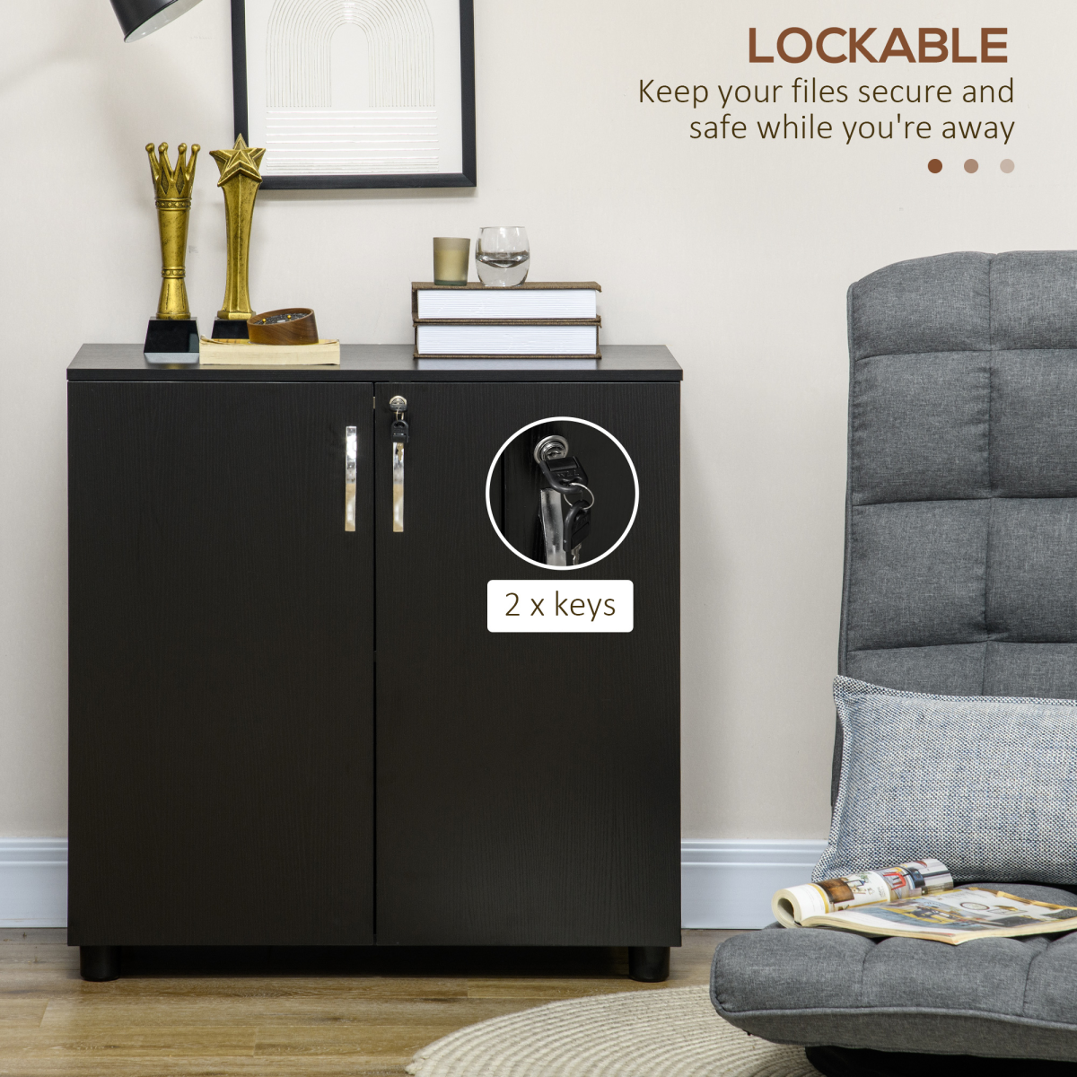 2-Tier Locking Office Storage Cabinet File Organisation w/ 2 Keys Black HOMCOM