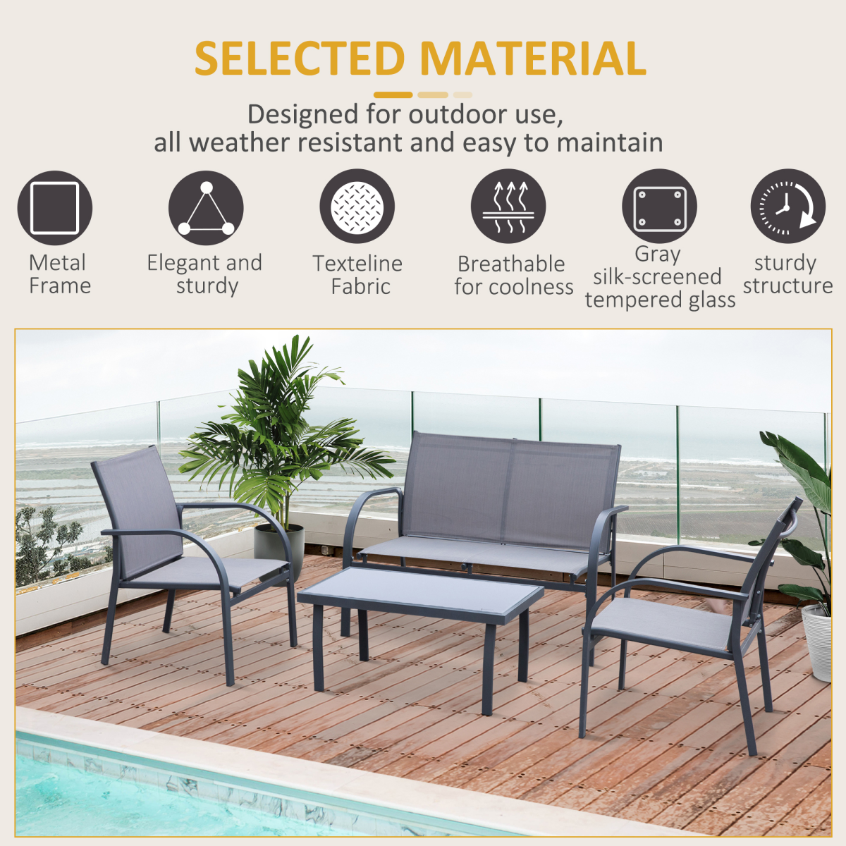 4 Pcs  Dining Set & Loveseat 2 Chairs Glass Top Table Seats Garden Grey