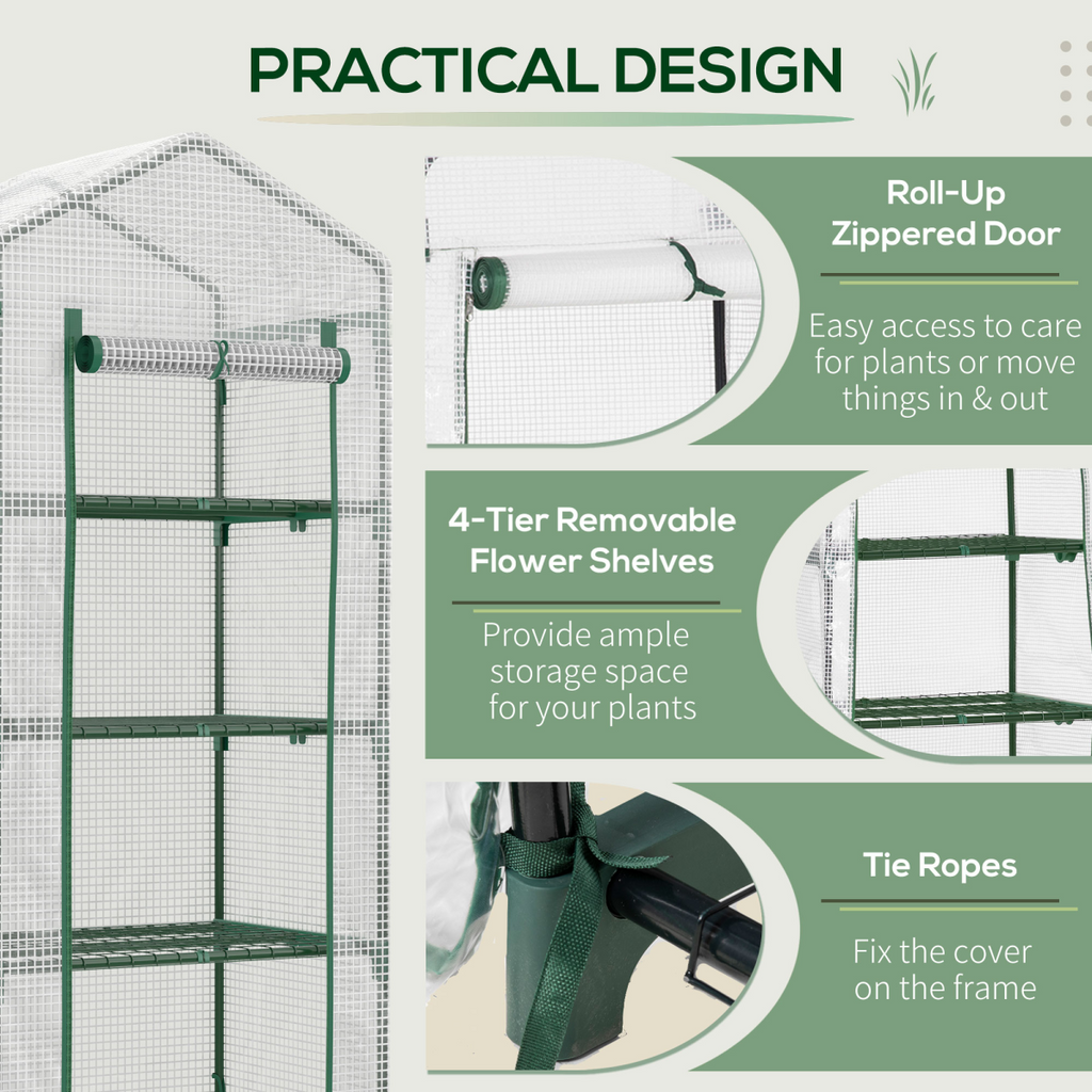 4 Tier Mini Greenhouse, Portable with Steel Frame, PE Cover, 160x69x50cm