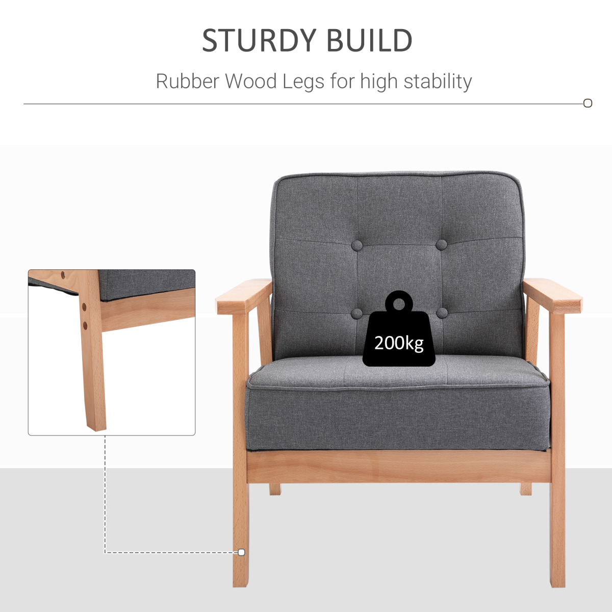 Retro Single Sofa Armchair Beech Wood Frame Padded Cushion Linen Fabric Grey