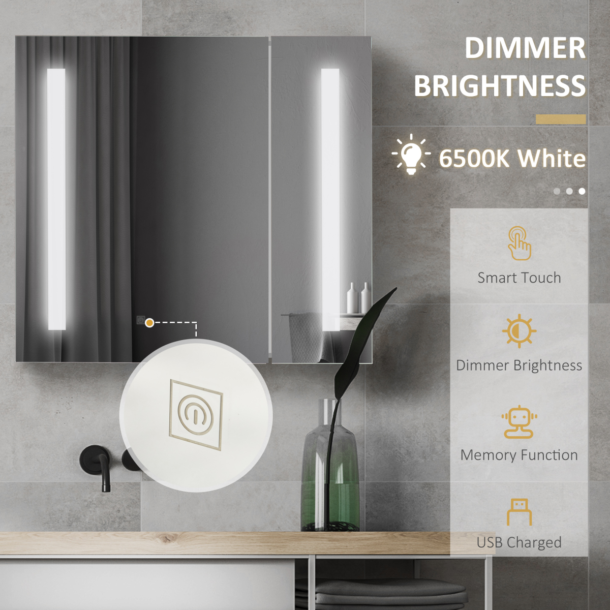 kleankin LED Illuminated Mirror Cabinet  Lights, Touch Switch, for Bathroom