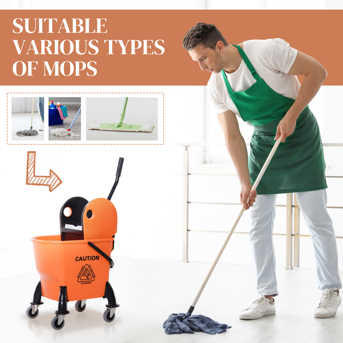HOMCOM Mop Bucket on Wheels with Carry Handle, Mop Holder and Plastic Body